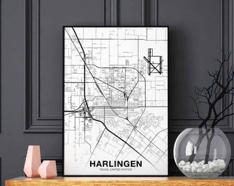 HARLINGEN Texas TX usa map poster black white Hometown City Print Modern Home Decor Office Decoration Wall Art Dorm Bedroom Gift