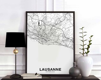 LAUSANNE Switzerland map poster black white Hometown City Print Modern Home Decor Office Decoration Wall Art Dorm Bedroom Gift