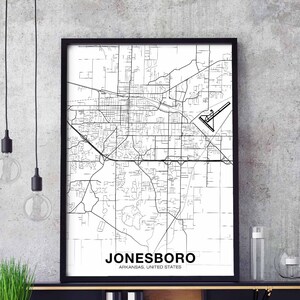 JONESBORO Arkansas AR USA digitale Karte Poster schwarz weiß Wand Dekor Design moderne skandinavisch minimalistische nordische Einweihungsparty Reise Schlafzimmer