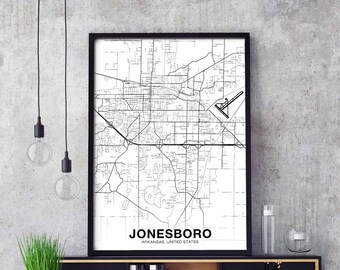 JONESBORO Arkansas AR USA digital map poster black white wall decor design modern scandinavian minimal nordic housewarming travel bedroom