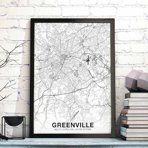 GREENVILLE Caroline du Sud SC USA carte affiche noir blanc ville natale ville impression moderne décoration maison bureau décoration mur art dortoir chambre cadeau