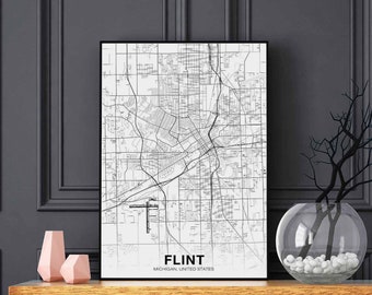FLINT Michigan MI USA map poster black white Hometown City Print Modern Home Decor Office Decoration Wall Art Dorm Bedroom Gift