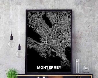 MONTERREY Mexico map poster black white Hometown City Print Modern Home Decor Office Decoration Wall Art Dorm Bedroom Gift