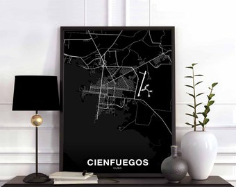 CIENFUEGOS Cuba map poster black white Hometown City Print Modern Home Decor Office Decoration Wall Art Dorm Bedroom Gift