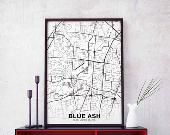 BLUE ASH Ohio USA map poster black white Hometown City Print Modern Home Decor Office Decoration Wall Art Dorm Bedroom Gift