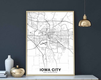 IOWA CITY Iowa IA usa map poster black white Hometown City Print Modern Home Decor Office Decoration Wall Art Dorm Bedroom Gift