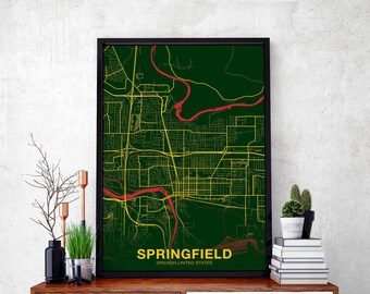 SPRINGFIELD Oregon OR USA map poster color Hometown City Print Modern Home Decor Office Decoration Wall Art Dorm Bedroom Gift
