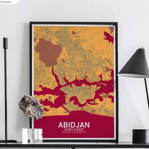 ABIDJAN Côte d'Ivoire carte affiche noir blanc décoration murale design moderne scandinave minimal nordique pendaison de crémaillère voyage chambre
