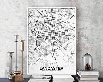 LANCASTER Pennsylvania PA USA map poster black white Hometown City Print Modern Home Decor Office Decoration Wall Art Dorm Bedroom Gift