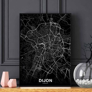 DIJON France carte affiche noir blanc ville natale ville impression moderne décor à la maison bureau décoration mur art dortoir chambre cadeau