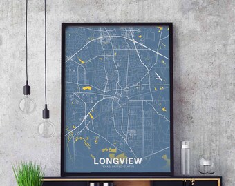 LONGVIEW Texas TX USA map poster color Hometown City Print Modern Home Decor Office Decoration Wall Art Dorm Bedroom Gift