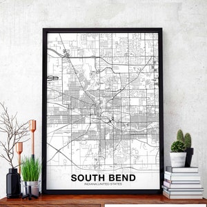 Póster de mapa de SOUTH BEND Indiana, EE. UU., en blanco y negro, impresión de ciudad natal, decoración moderna para el hogar, decoración de oficina, arte de pared, dormitorio, regalo