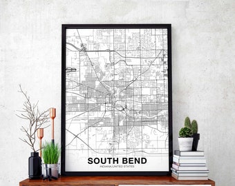 SOUTH BEND Indiana IN usa map poster black white Hometown City Print Modern Home Decor Office Decoration Wall Art Dorm Bedroom Gift
