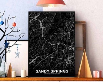 SANDY SPRINGS Georgia GA usa map poster black white Hometown City Print Modern Home Decor Office Decoration Wall Art Dorm Bedroom Gift