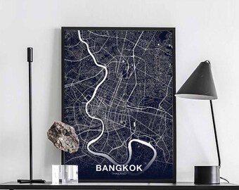 BANGKOK Thailand poster map night blue Hometown City Print Modern Home Decor Office Decoration Wall Art Dorm Bedroom Gift