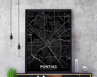 PONTIAC Michigan MI USA map poster black white Hometown City Print Modern Home Decor Office Decoration Wall Art Dorm Bedroom Gift