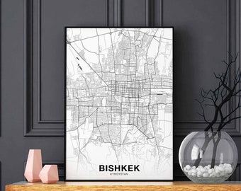 BISHKEK Kyrgyzstan map poster black white Hometown City Print Modern Home Decor Office Decoration Wall Art Dorm Bedroom Gift