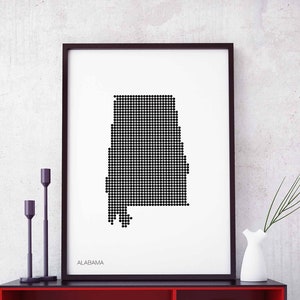 ALABAMA VS staat minimale stippen retro kaart poster zwart witte muur decor ontwerp modern Zwitsers Scandinavisch nordic housewarming reizen