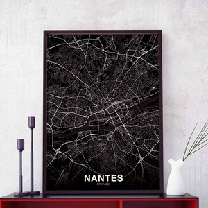 NANTES France carte affiche noir blanc ville natale ville impression moderne décor à la maison bureau décoration mur art dortoir chambre cadeau