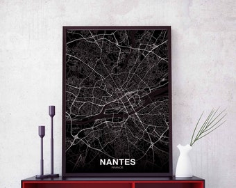 NANTES  France map poster black white Hometown City Print Modern Home Decor Office Decoration Wall Art Dorm Bedroom Gift