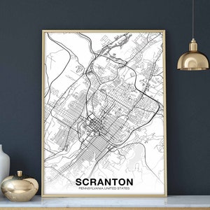 SCRANTON Pennsylvanie PA USA carte affiche noir blanc ville natale ville impression moderne décoration maison bureau décoration mur art dortoir chambre cadeau