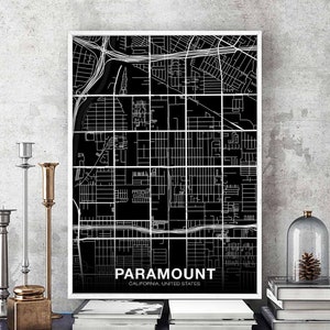 Póster de mapa de PARAMOUNT California CA EE. UU. en blanco y negro, impresión de ciudad natal, decoración moderna para el hogar, decoración de oficina, arte de pared, dormitorio, regalo