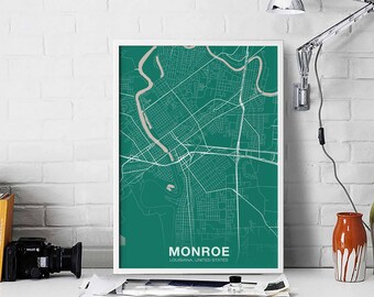 MONROE Louisiana LA USA map poster color Hometown City Print Modern Home Decor Office Decoration Wall Art Dorm Bedroom Gift