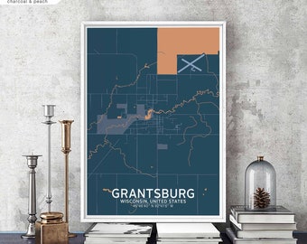GRANTSBURG Wisconsin usa map poster black white Hometown City Print Modern Home Decor Office Decoration Wall Art Dorm Bedroom Gift