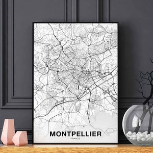 MONTPELLIER France carte affiche noir blanc ville natale ville impression moderne décor à la maison bureau décoration mur art dortoir chambre cadeau