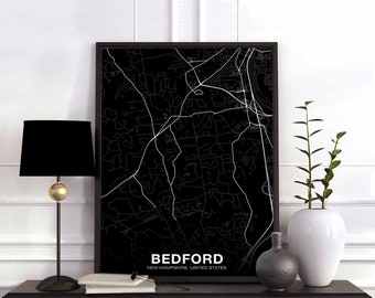 BEDFORD New Hampshire NH USA map poster black white Hometown City Print Modern Home Decor Office Decoration Wall Art Dorm Bedroom Gift