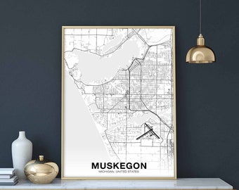 MUSKEGON Michigan MI usa map poster black white  Hometown City Print Modern Home Decor Office Decoration Wall Art Dorm Bedroom Gift