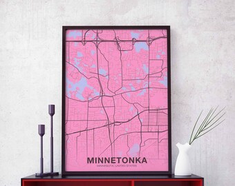 MINNETONKA Minnesota MN USA map poster color Hometown City Print Modern Home Decor Office Decoration Wall Art Dorm Bedroom Gift
