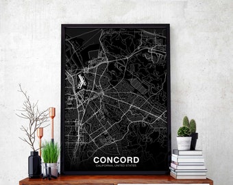 CONCORD California CA USA map poster black white Hometown City Print Modern Home Decor Office Decoration Wall Art Dorm Bedroom Gift