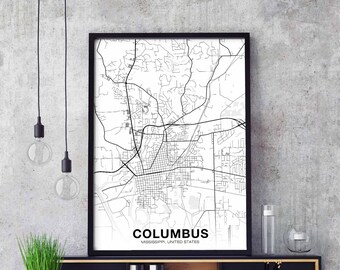 COLUMBUS Mississippi MS USA map poster black white Hometown City Print Modern Home Decor Office Decoration Wall Art Dorm Bedroom Gift