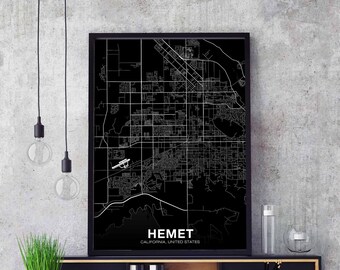 HEMET California CA USA map poster black white Hometown City Print Modern Home Decor Office Decoration Wall Art Dorm Bedroom Gift