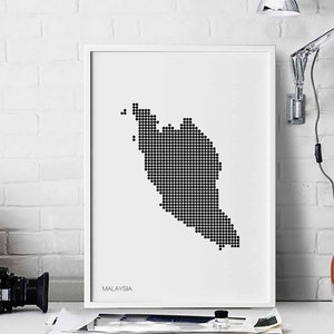 MALAYSIA minimalistisches Poster schwarz weiß Landkarte mit Punkten retro Wand Dekor Design modern schweizerisch skandinavisch chic