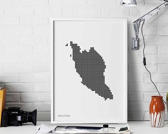 MALAYSIA minimal dots retro map poster black white wall decor design modern swiss scandinavian nordic housewarming travel