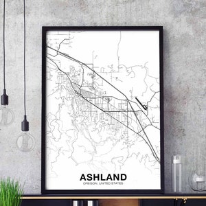 ASHLAND Oregon ou USA carte affiche noir blanc ville natale ville impression moderne décoration de la maison bureau décoration art mural dortoir chambre cadeau