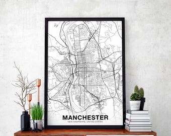 MANCHESTER New Hampshire NH USA map poster black white  Hometown City Print Modern Home Decor Office Decoration Wall Art Dorm Bedroom Gift