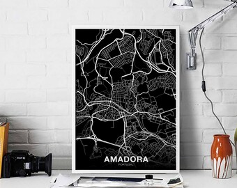 AMADORA Portugal map poster black white Hometown City Print Modern Home Decor Office Decoration Wall Art Dorm Bedroom Gift
