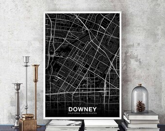 DOWNEY California CA USA map poster black white Hometown City Print Modern Home Decor Office Decoration Wall Art Dorm Bedroom Gift