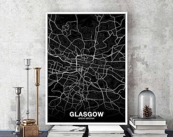 GLASGOW  Great Britain map poster black white Hometown City Print Modern Home Decor Office Decoration Wall Art Dorm Bedroom Gift