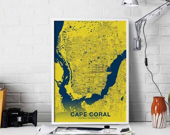 CAPE CORAL Florida FL us map poster color Hometown City Print Modern Home Decor Office Decoration Wall Art Dorm Bedroom Gift