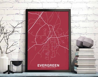 EVERGREEN Alabama AL USA map poster color Hometown City Print Modern Home Decor Office Decoration Wall Art Dorm Bedroom Gift