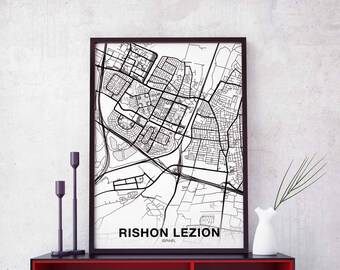 RISHON LEZION Israel map poster black white Hometown City Print Modern Home Decor Office Decoration Wall Art Dorm Bedroom Gift