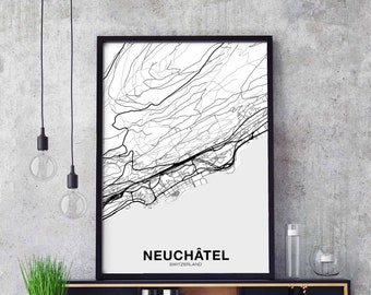 NEUCHATEL Switzerland map poster black white Hometown City Print Modern Home Decor Office Decoration Wall Art Dorm Bedroom Gift