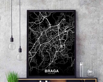 BRAGA Portugal map poster black white Hometown City Print Modern Home Decor Office Decoration Wall Art Dorm Bedroom Gift