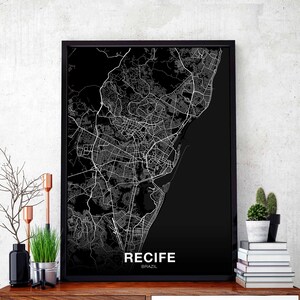 Póster con mapa de RECIFE, Brasil, en blanco y negro, ciudad natal, impresión moderna, decoración del hogar, oficina, arte de pared, dormitorio, regalo