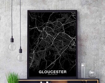 GLOUCESTER Great Britain UK map poster black white Hometown City Print Modern Home Decor Office Decoration Wall Art Dorm Bedroom Gift