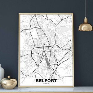 Affiche carte BELFORT France noir blanc ville natale ville impression moderne décoration de la maison bureau décoration art mural dortoir chambre cadeau
